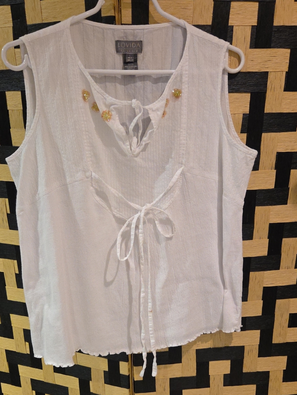 LOVIDA White Sleeveless Tie-Front Tank with Gold Bead Accents